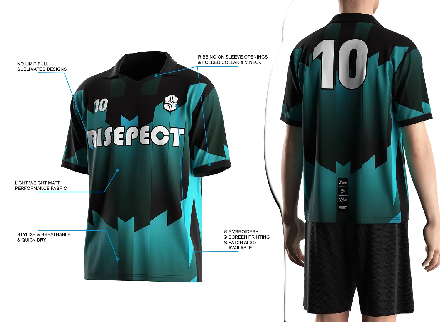 Vintage soccer jersey with a folded collar and small V-cut design shown on the left with feature highlights, and a male model wearing the jersey from the back view on the right.