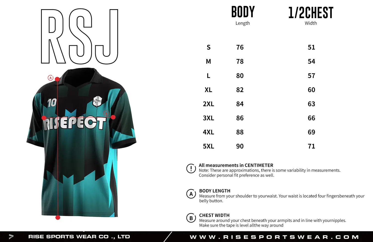 Adult size chart for the vintage soccer jersey with folded collar and V-cut neck, displaying garment length and half-chest width measurements.