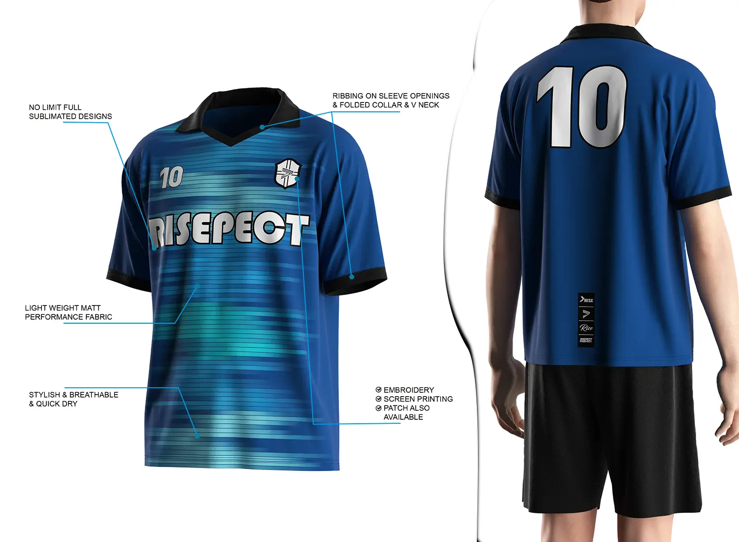 Vintage soccer jersey with a folded collar and small V-cut design shown on the left with feature highlights, and a male model wearing the jersey from the back view on the right.