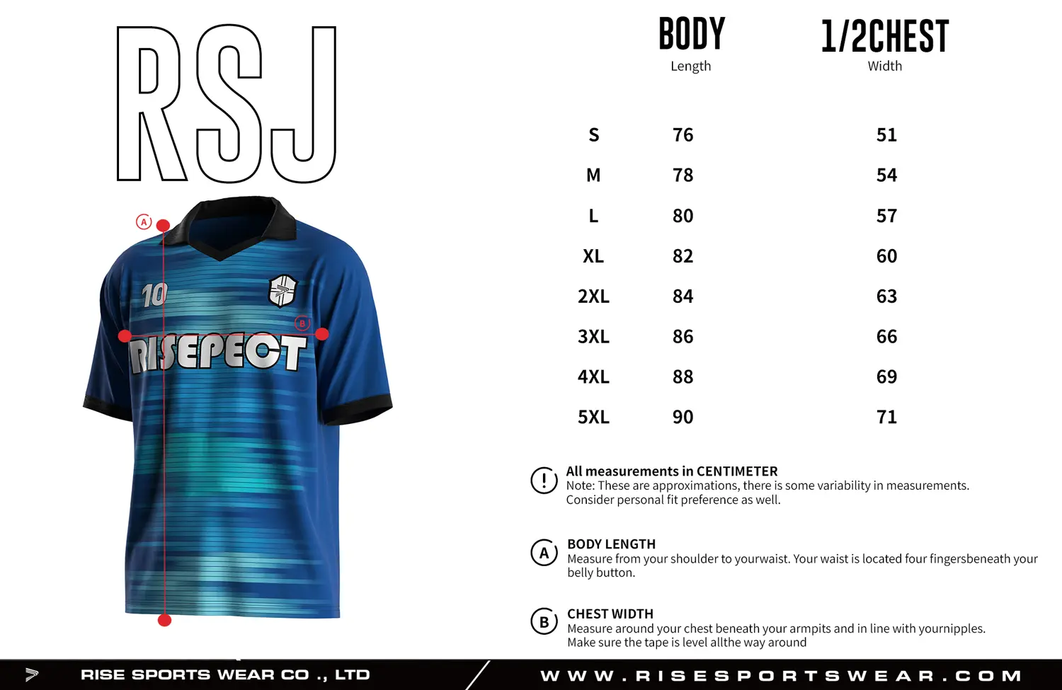 Adult size chart for the vintage soccer jersey with folded collar and V-cut neck, displaying garment length and half-chest width measurements.