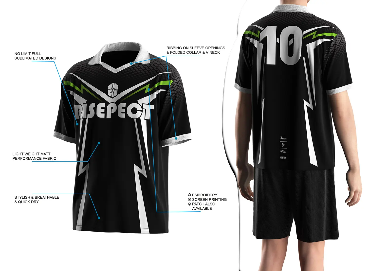 Vintage soccer jersey with a folded collar and small V-cut design shown on the left with feature highlights, and a male model wearing the jersey from the back view on the right.