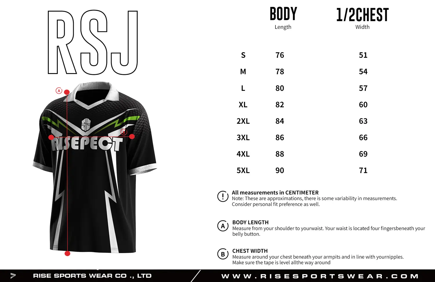 Adult size chart for the vintage soccer jersey with folded collar and V-cut neck, displaying garment length and half-chest width measurements.