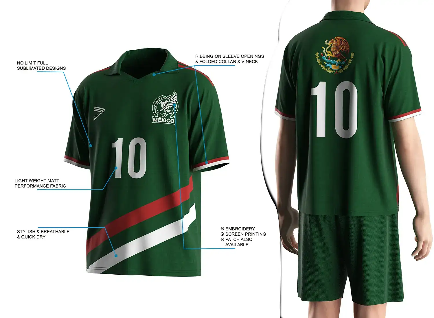 Vintage soccer jersey with a folded collar and small V-cut design shown on the left with feature highlights, and a male model wearing the jersey from the back view on the right.