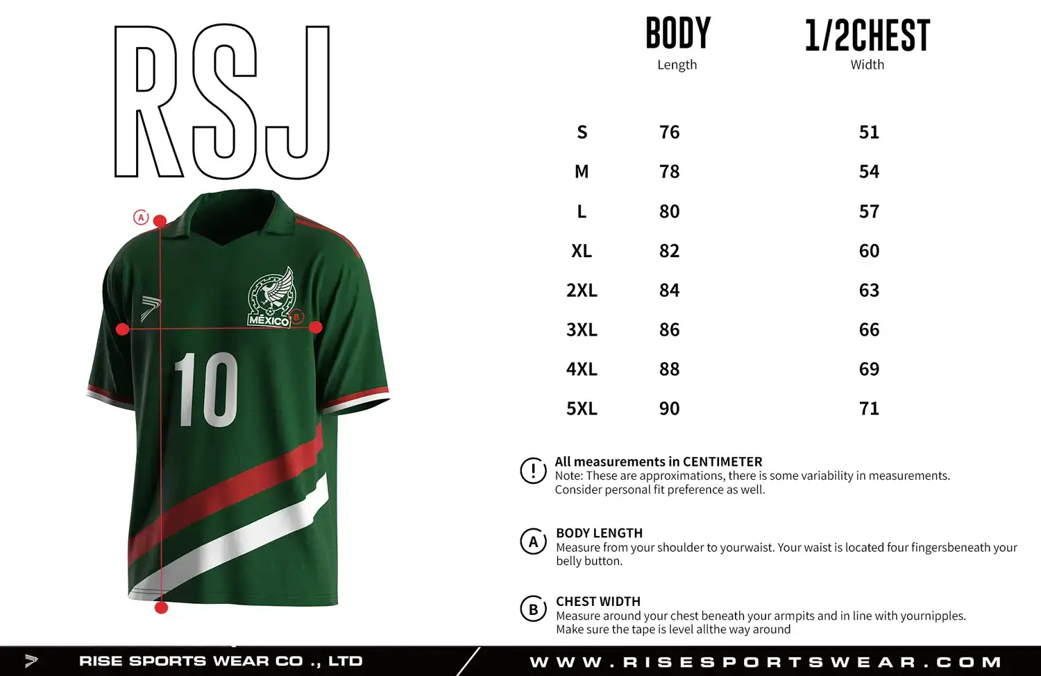 Adult size chart for the vintage soccer jersey with folded collar and V-cut neck, displaying garment length and half-chest width measurements.