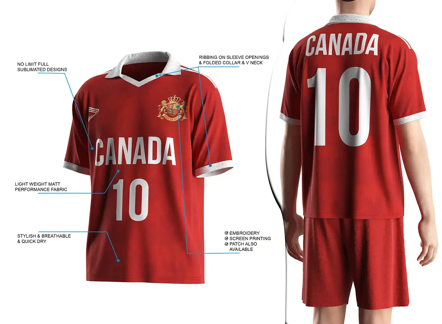 Vintage soccer jersey with a folded collar and small V-cut design shown on the left with feature highlights, and a male model wearing the jersey from the back view on the right.