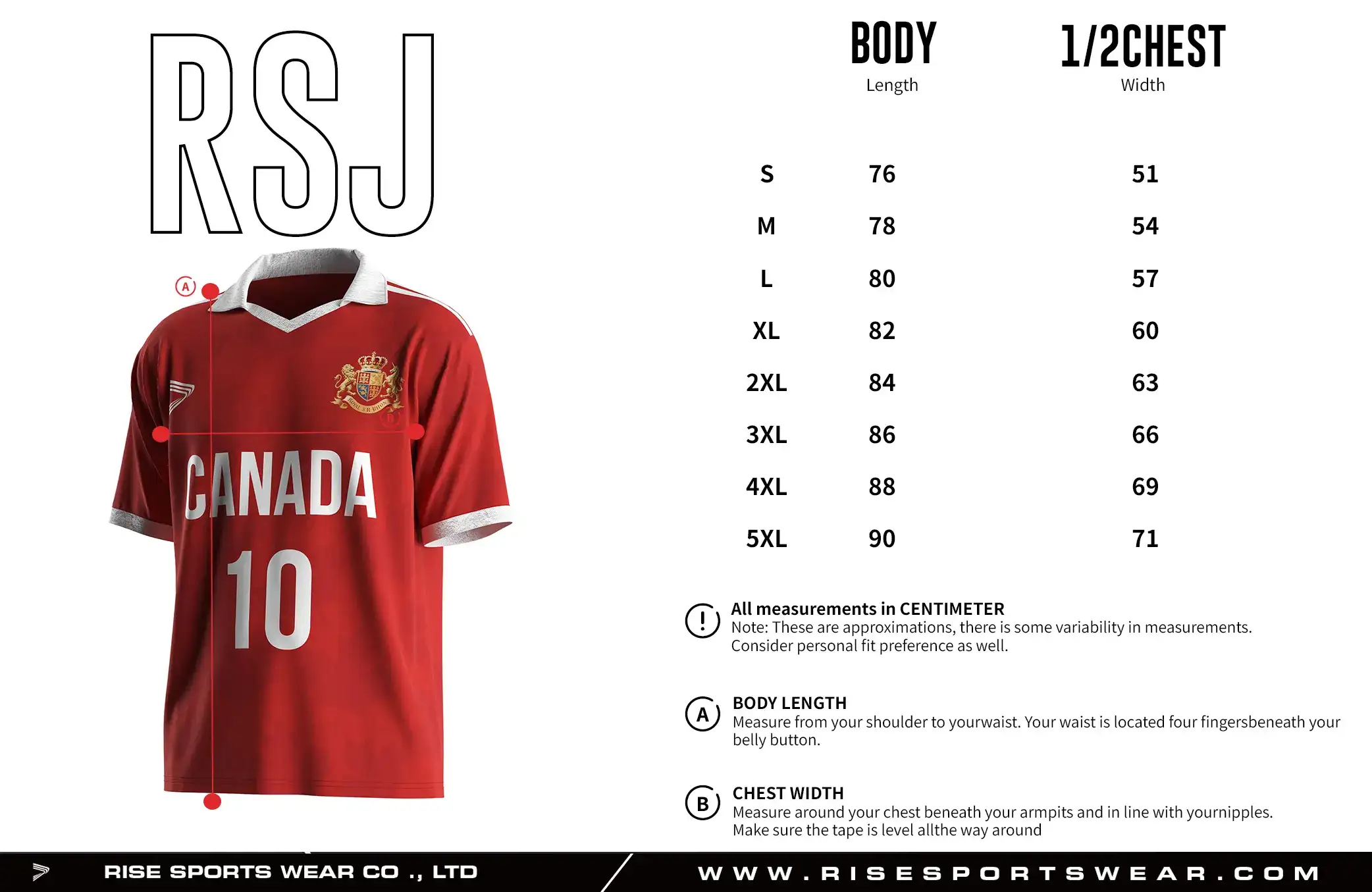 Adult size chart for the vintage soccer jersey with folded collar and V-cut neck, displaying garment length and half-chest width measurements.