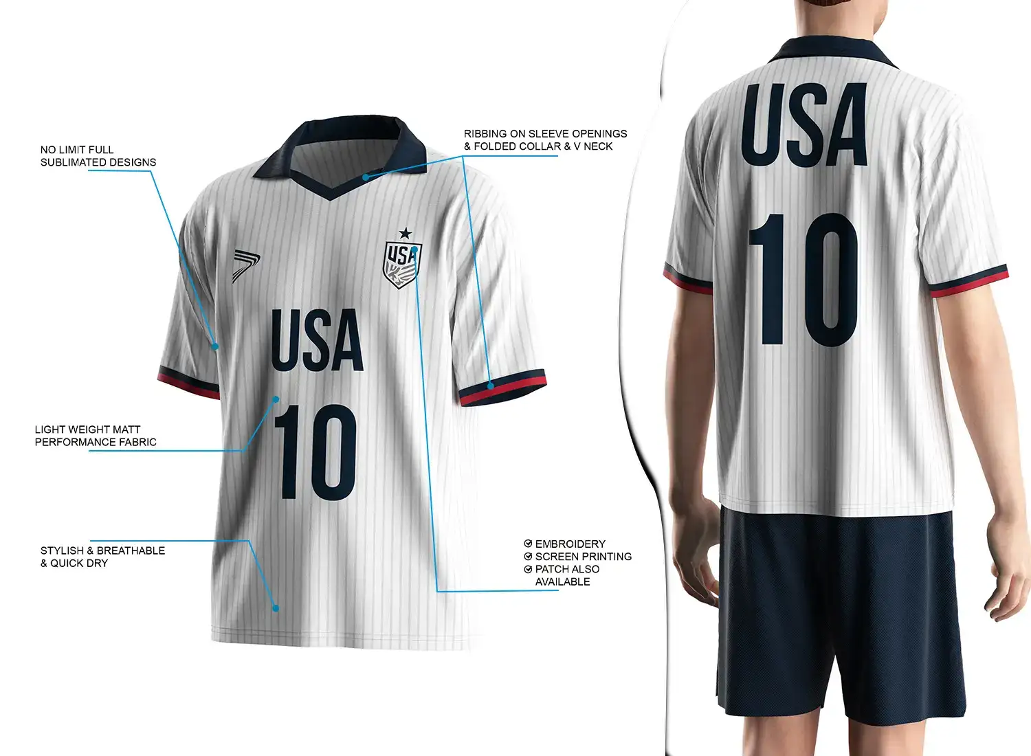 Vintage soccer jersey with a folded collar and small V-cut design shown on the left with feature highlights, and a male model wearing the jersey from the back view on the right.