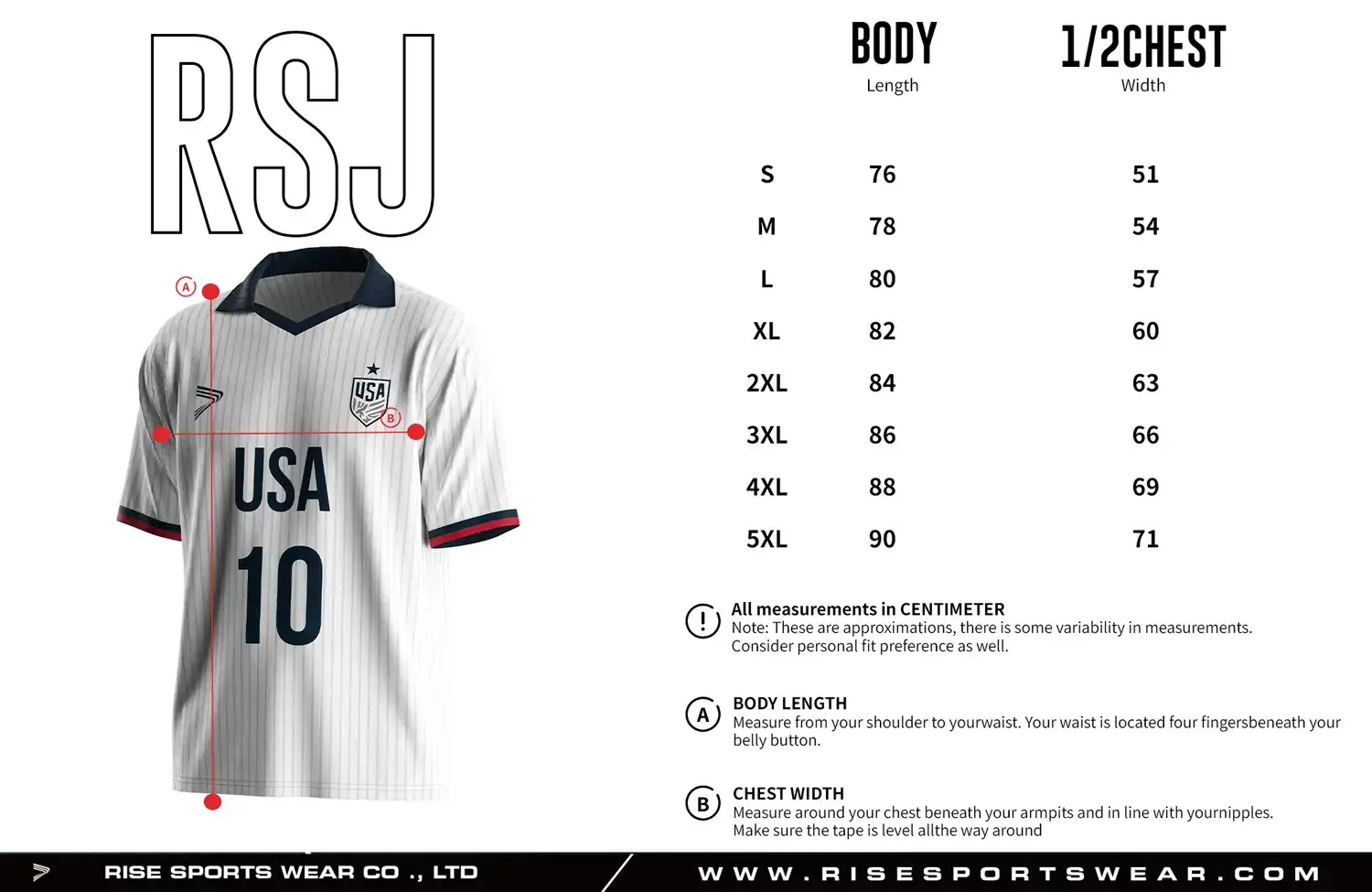 Adult size chart for the vintage soccer jersey with folded collar and V-cut neck, displaying garment length and half-chest width measurements.