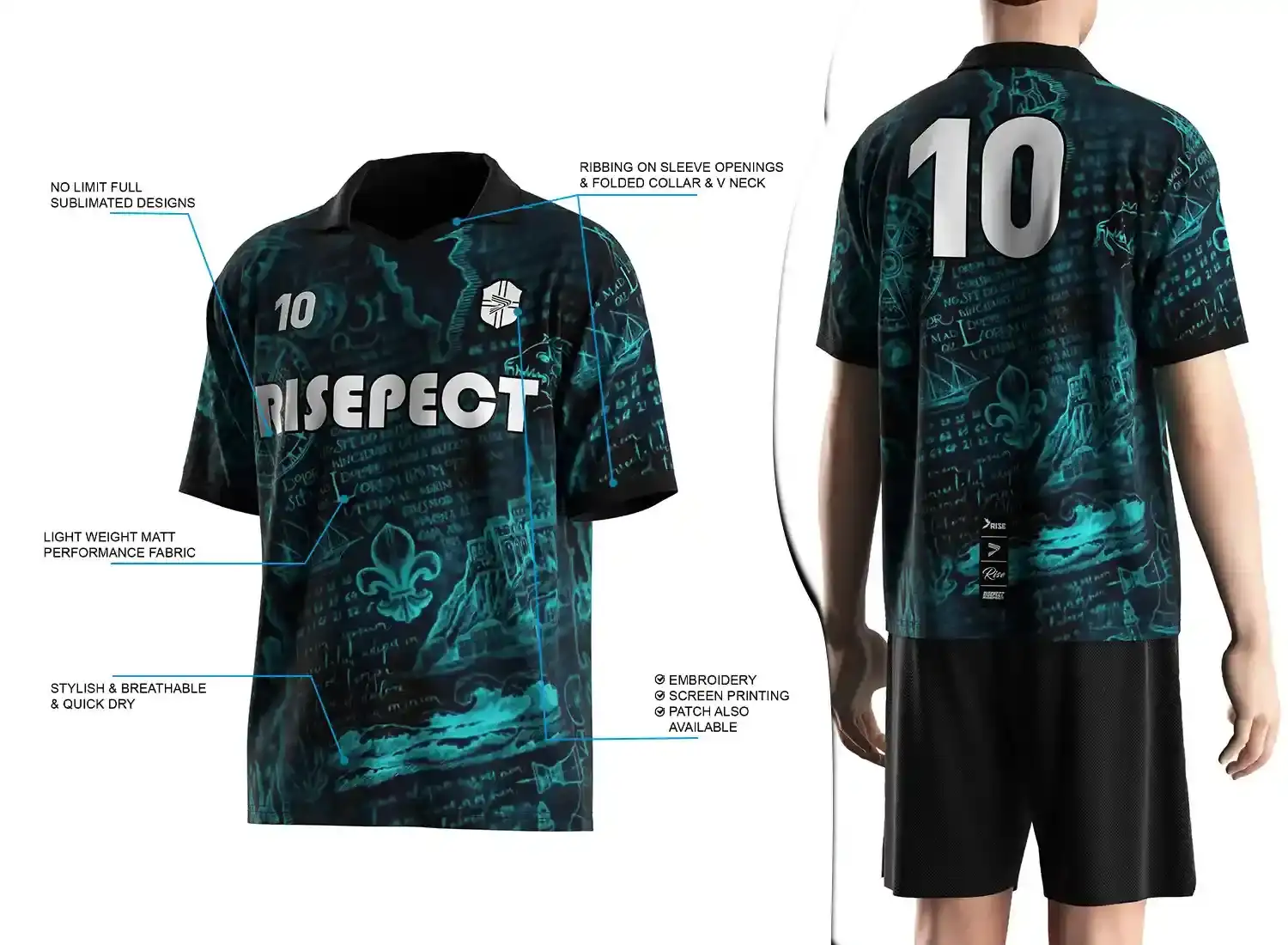 Vintage soccer jersey with a folded collar and small V-cut design shown on the left with feature highlights, and a male model wearing the jersey from the back view on the right.