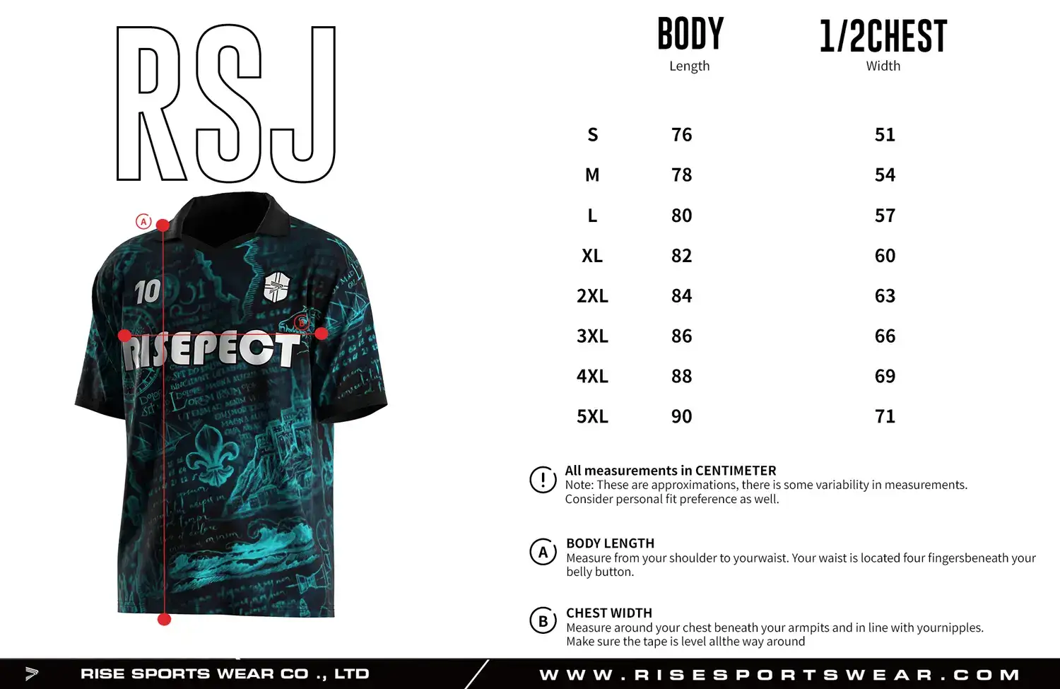 Adult size chart for the vintage soccer jersey with folded collar and V-cut neck, displaying garment length and half-chest width measurements.