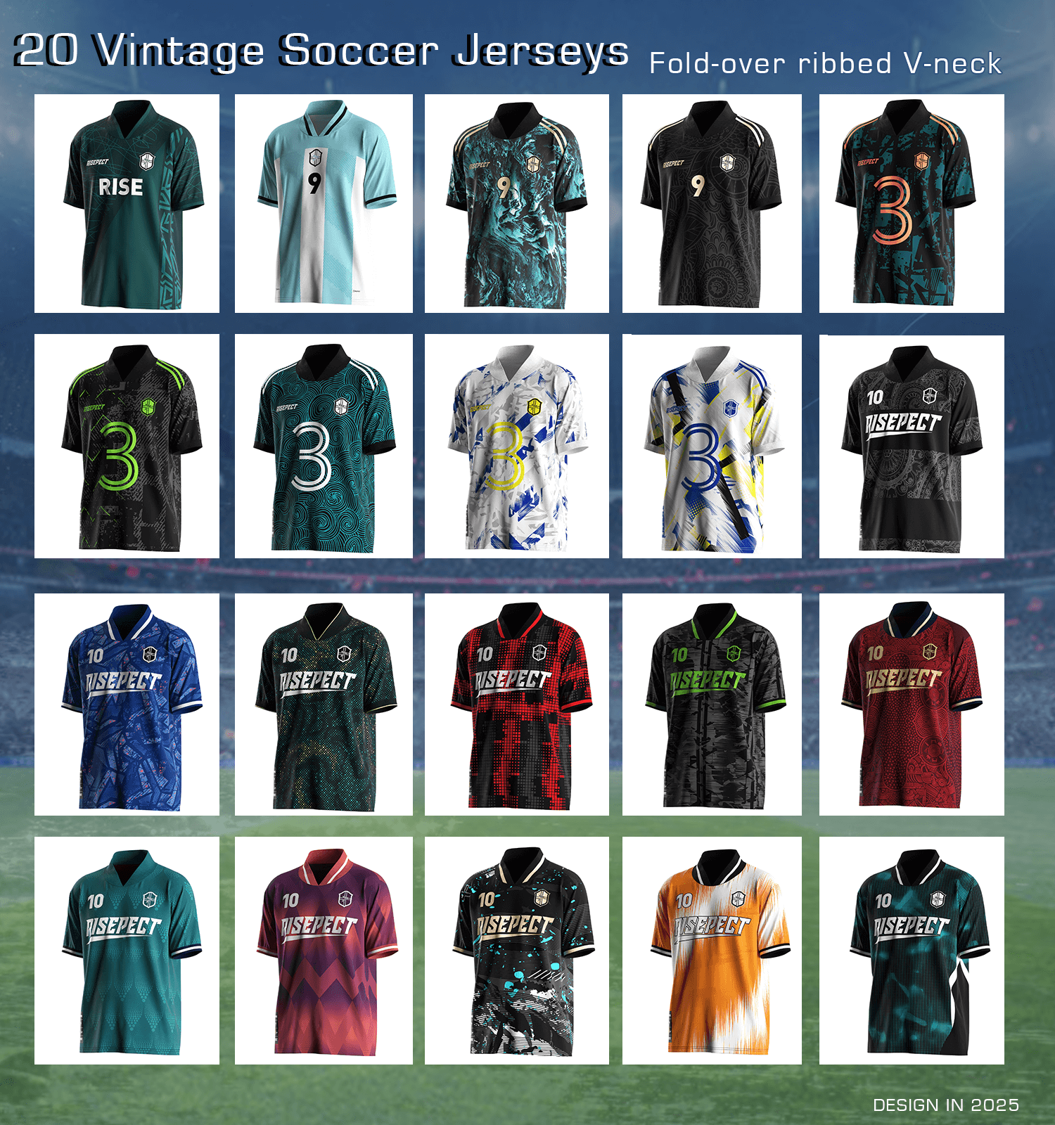 Collection of 20 different color and graphic variations of the retro soccer jersey, featuring a fold over ribbed V-neck.