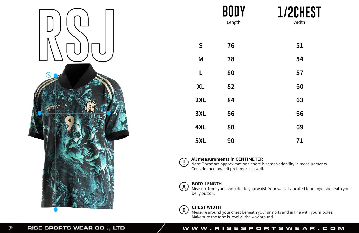 Adult size chart for the retro soccer shirt style jersey with foldable & ribbed V collar, displaying garment length and half-chest width measurements.
