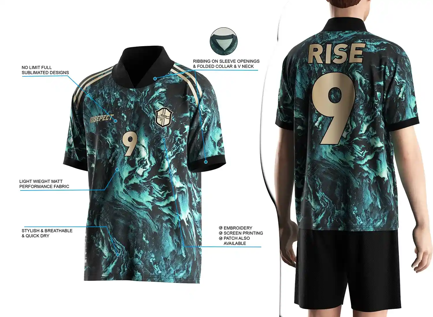 Retro soccer jersey with a fold-over ribbed V-neck design shown on the left with feature highlights, and a male model wearing the jersey from the back view on the right.