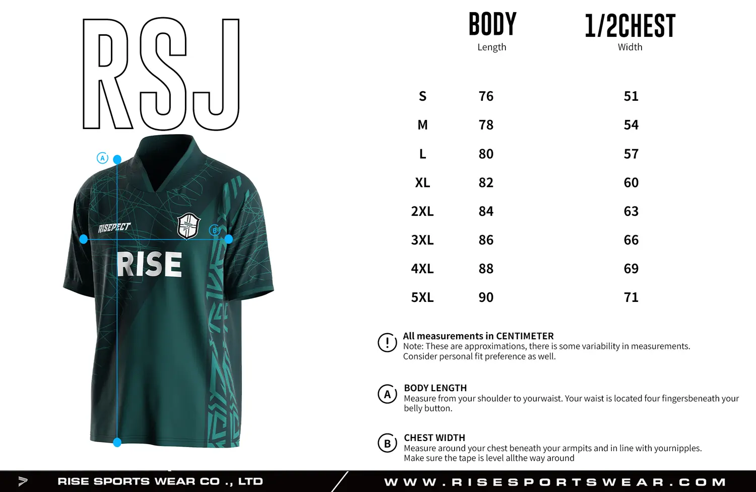 Adult size chart for the retro soccer shirt style jersey with foldable & ribbed V collar, displaying garment length and half-chest width measurements.