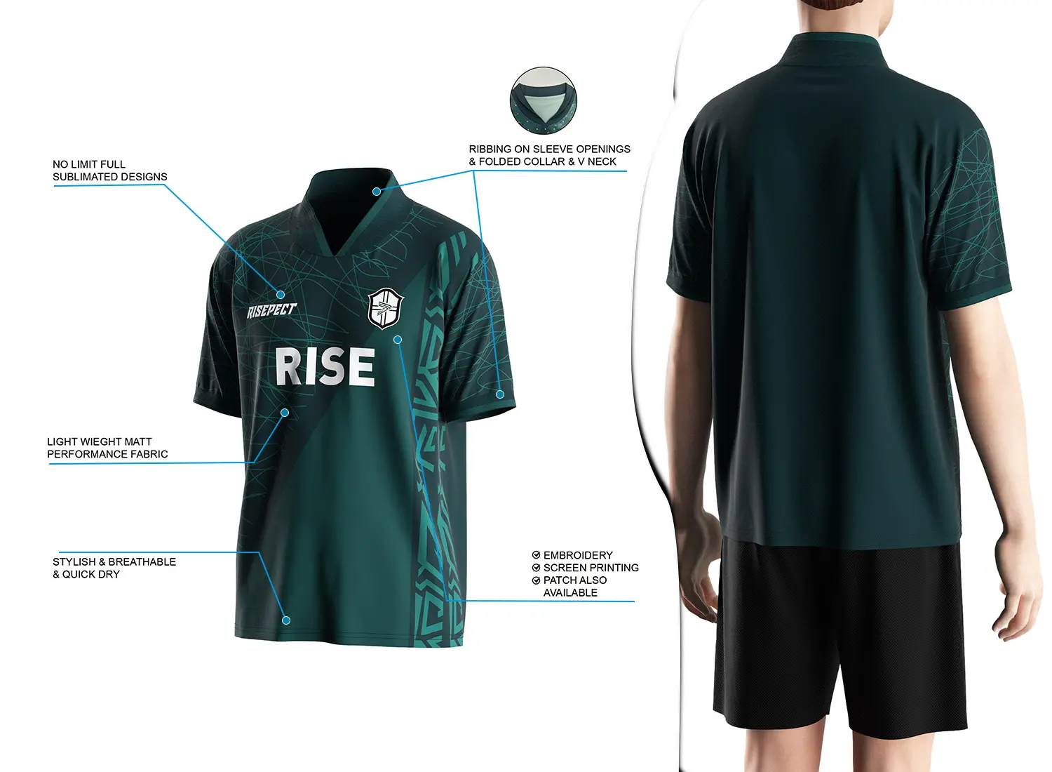Retro soccer jersey with a fold-over ribbed V-neck design shown on the left with feature highlights, and a male model wearing the jersey from the back view on the right.