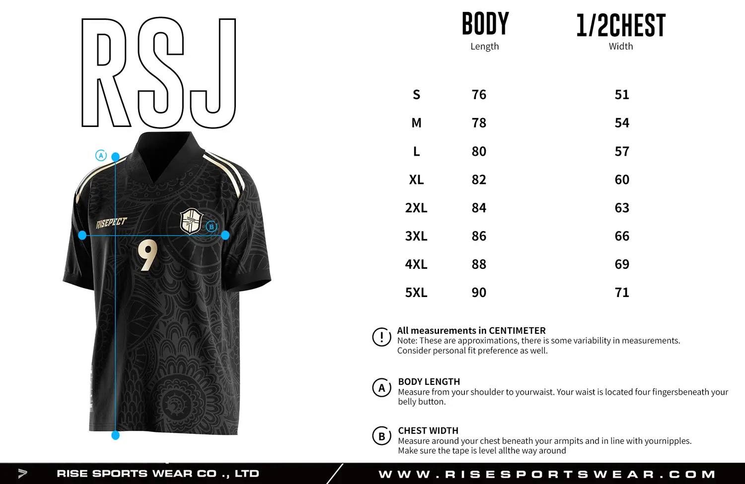 Adult size chart for the retro soccer shirt style jersey with foldable & ribbed V collar, displaying garment length and half-chest width measurements.