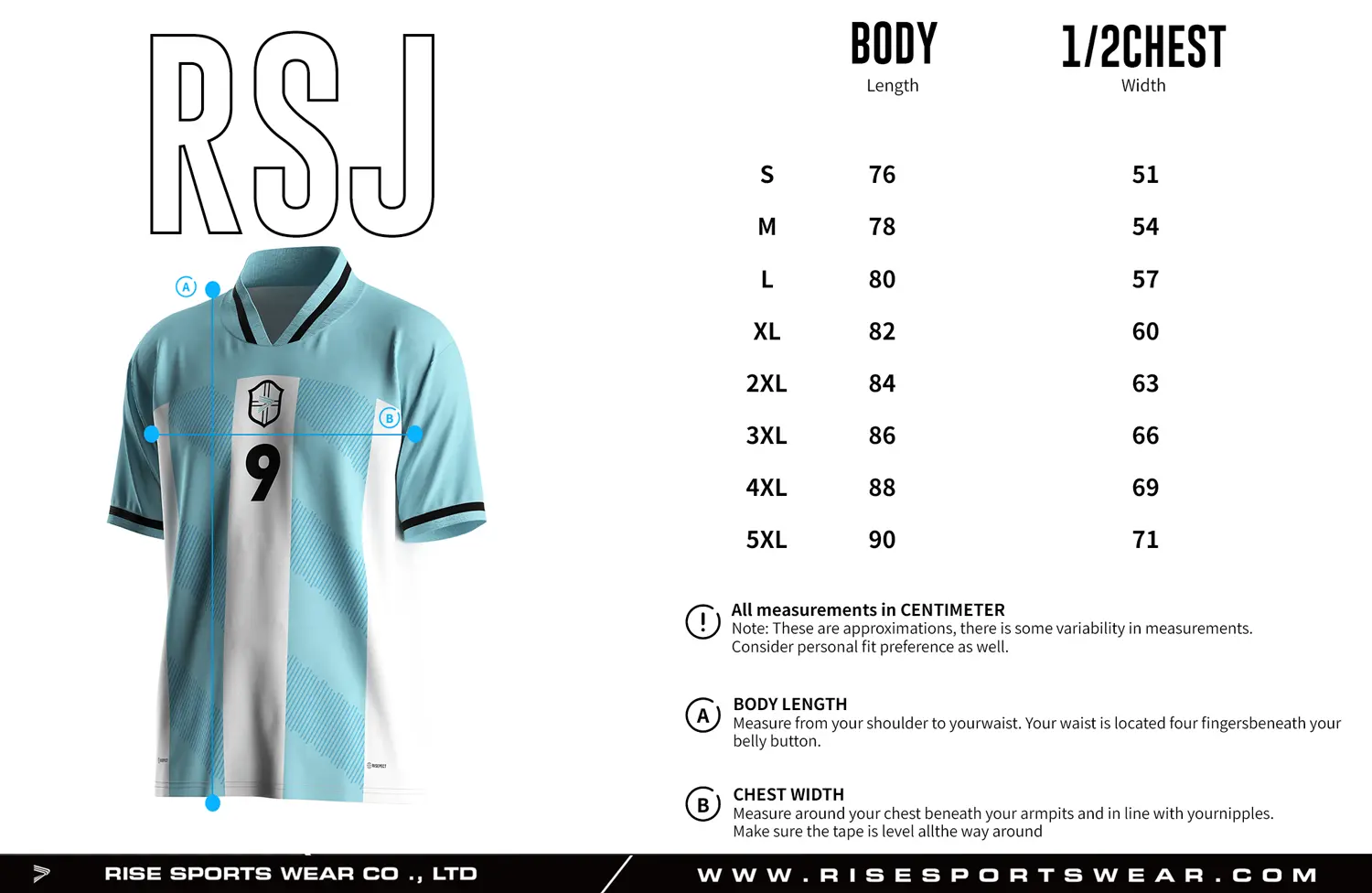 Adult size chart for the retro soccer shirt style jersey with foldable & ribbed V collar, displaying garment length and half-chest width measurements.