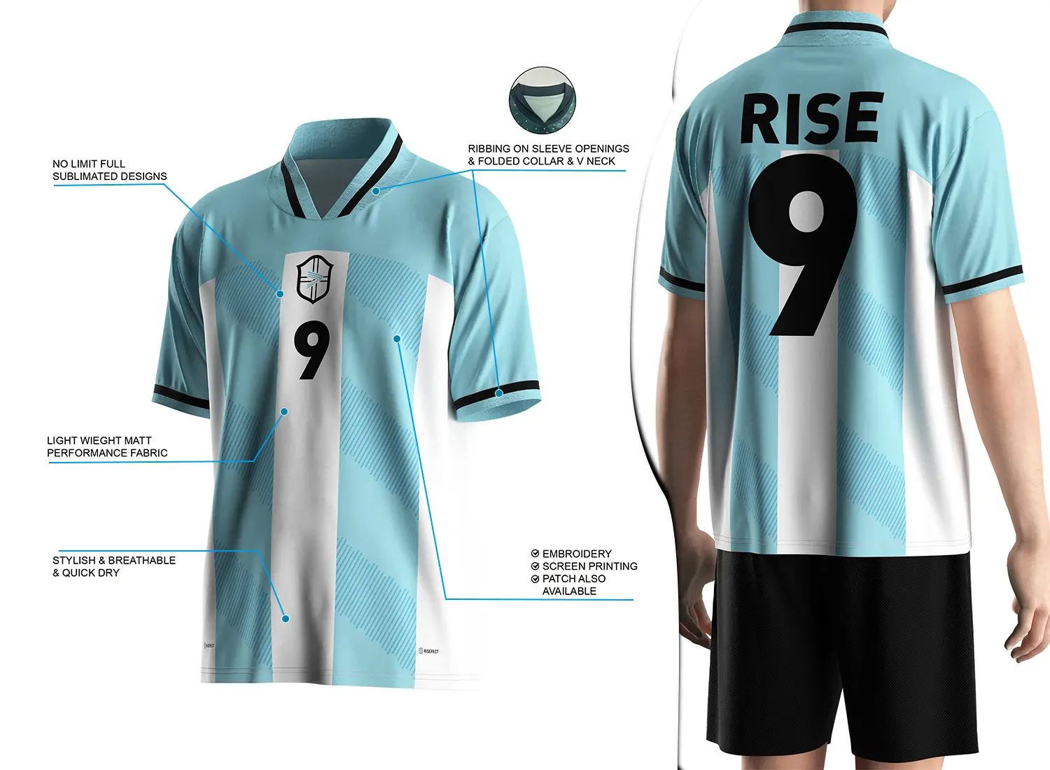 Retro soccer jersey with a fold-over ribbed V-neck design shown on the left with feature highlights, and a male model wearing the jersey from the back view on the right.