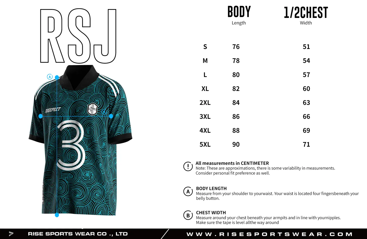 Adult size chart for the retro soccer shirt style jersey with foldable & ribbed V collar, displaying garment length and half-chest width measurements.