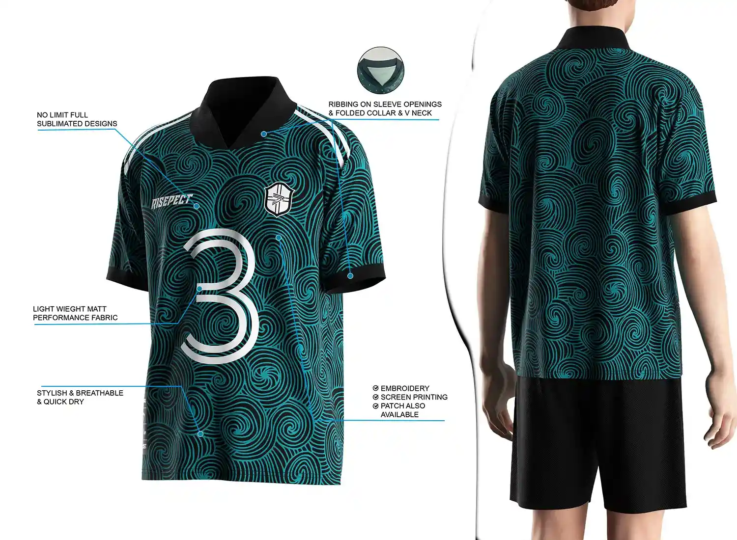 Retro soccer jersey with a fold-over ribbed V-neck design shown on the left with feature highlights, and a male model wearing the jersey from the back view on the right.