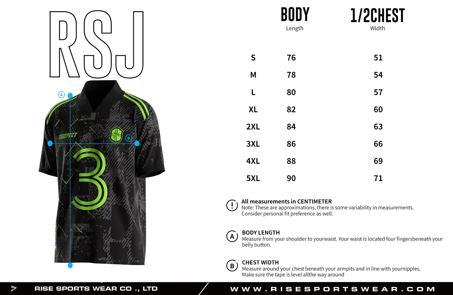 Adult size chart for the retro soccer shirt style jersey with foldable & ribbed V collar, displaying garment length and half-chest width measurements.