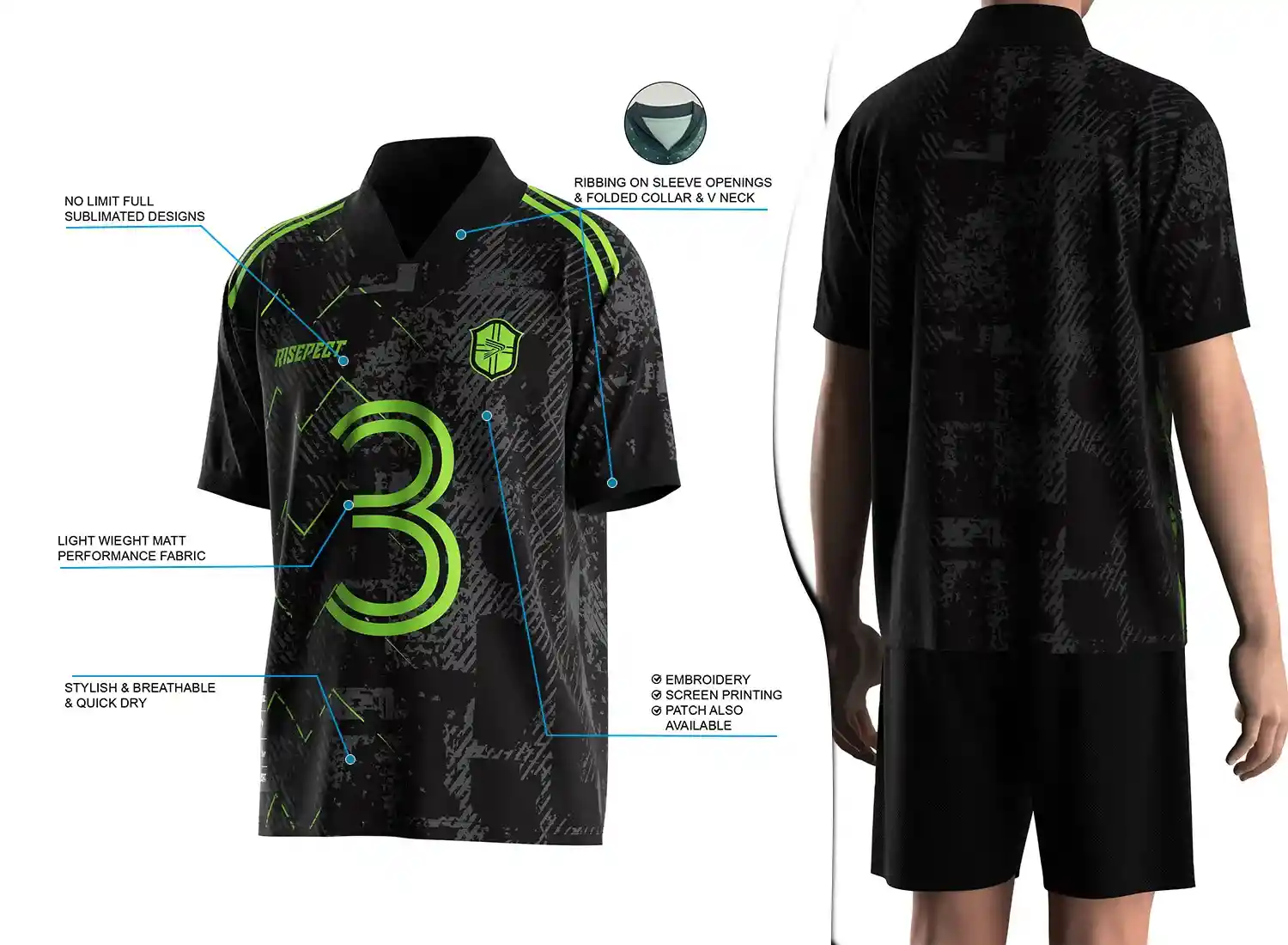 Retro soccer jersey with a fold-over ribbed V-neck design shown on the left with feature highlights, and a male model wearing the jersey from the back view on the right.