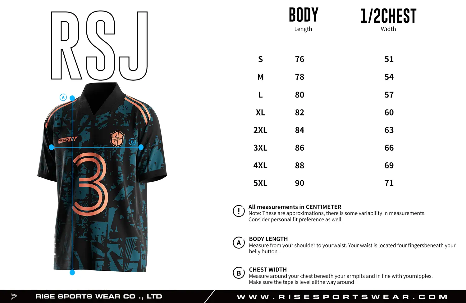 Adult size chart for the retro soccer shirt style jersey with foldable & ribbed V collar, displaying garment length and half-chest width measurements.