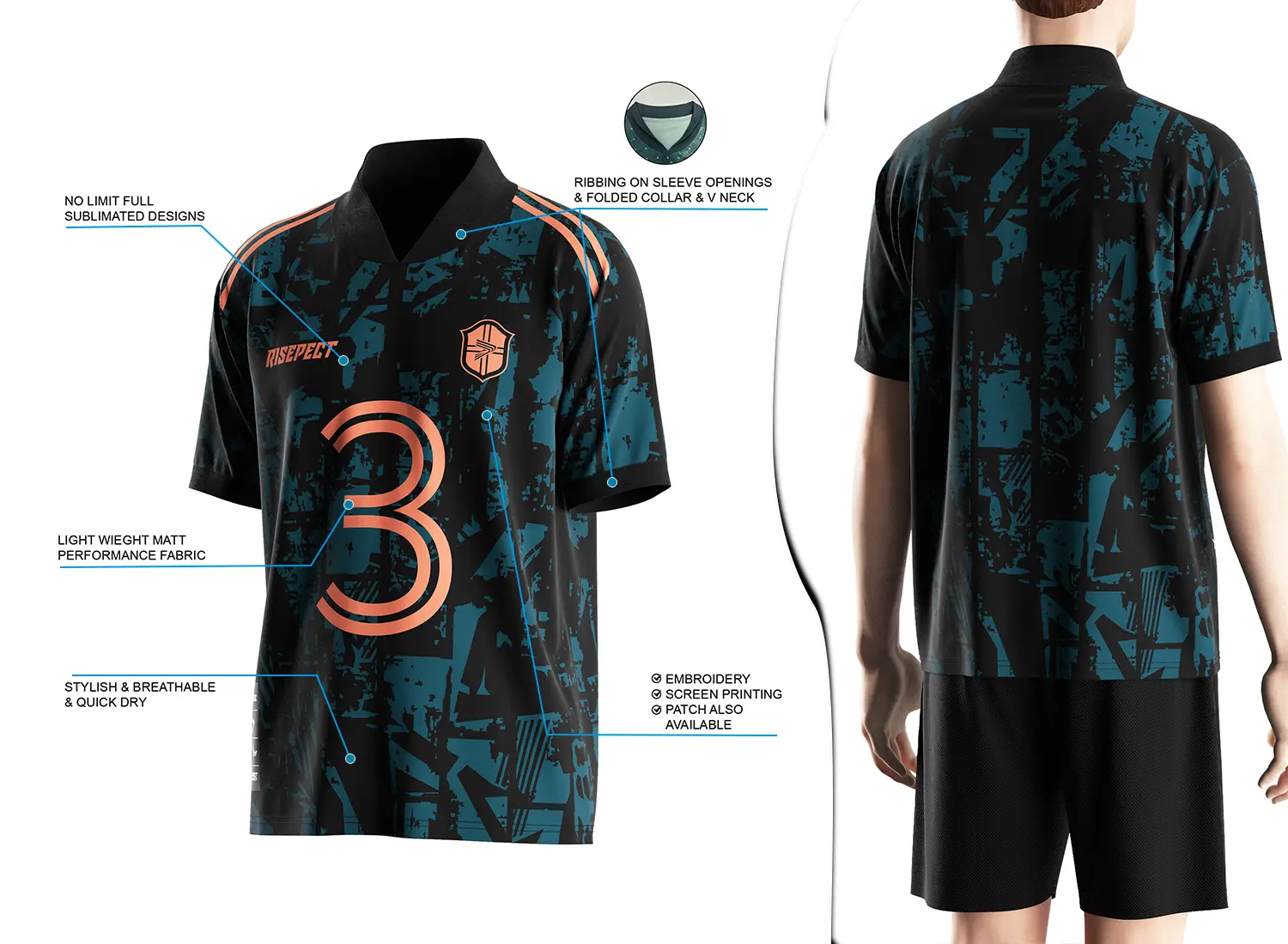 Retro soccer jersey with a fold-over ribbed V-neck design shown on the left with feature highlights, and a male model wearing the jersey from the back view on the right.