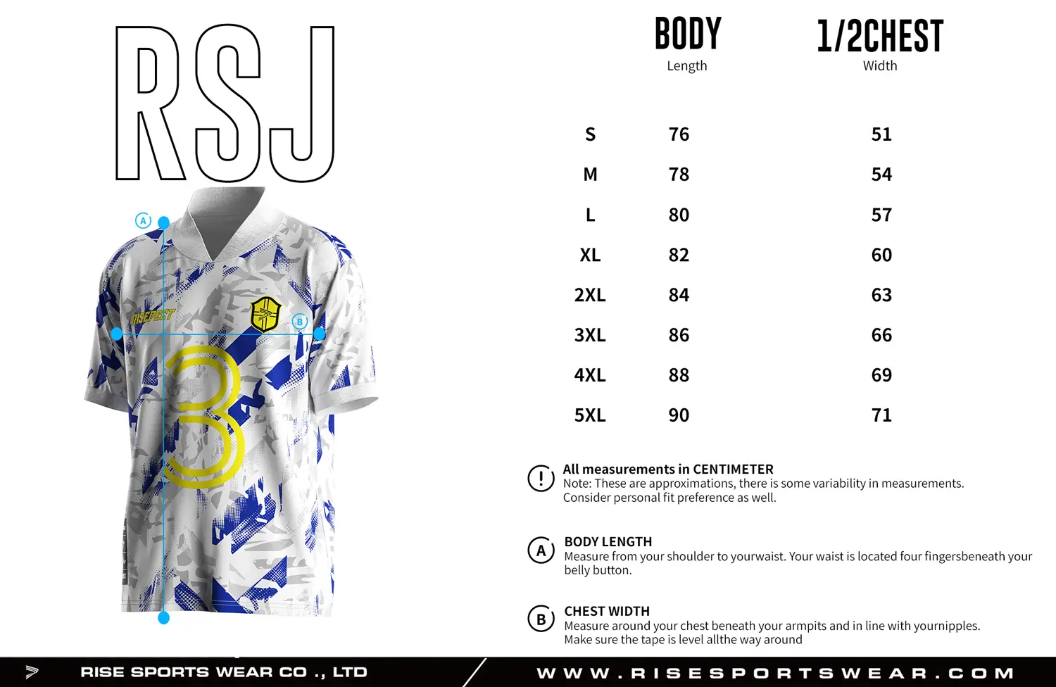 Adult size chart for the retro soccer shirt style jersey with foldable & ribbed V collar, displaying garment length and half-chest width measurements.