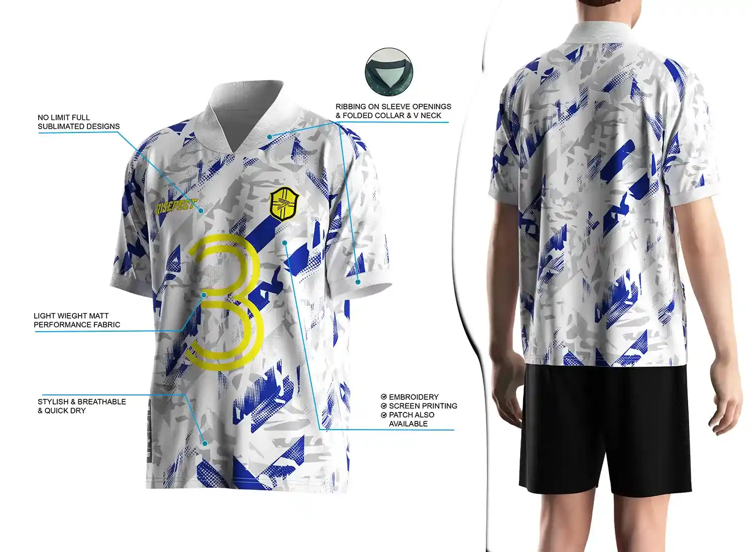 Retro soccer jersey with a fold-over ribbed V-neck design shown on the left with feature highlights, and a male model wearing the jersey from the back view on the right.