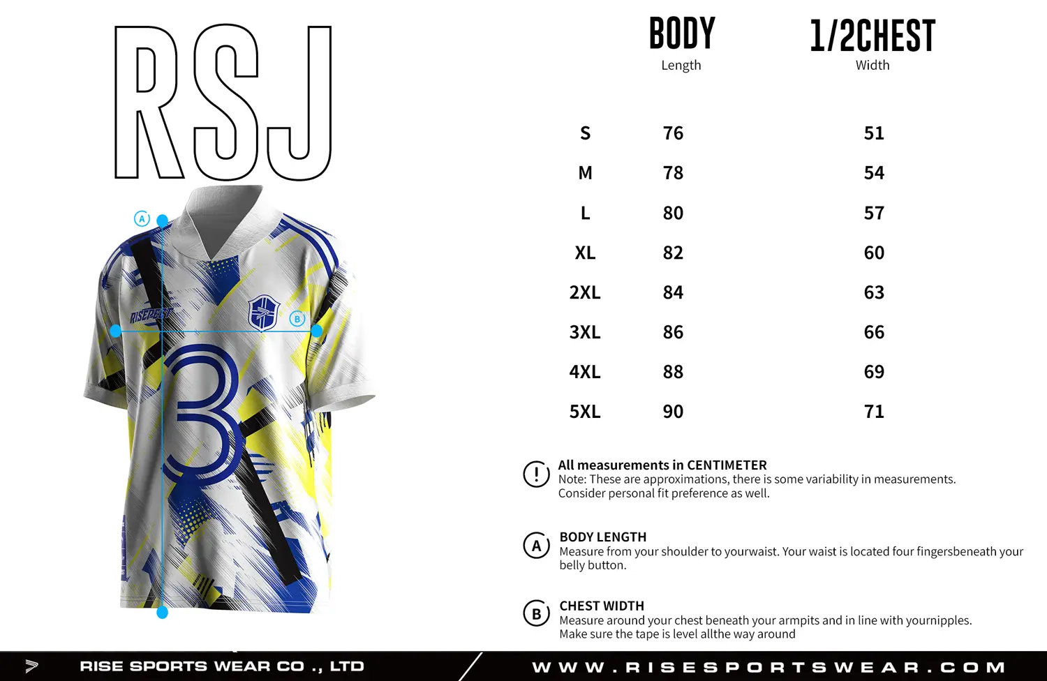 Adult size chart for the retro soccer shirt style jersey with foldable & ribbed V collar, displaying garment length and half-chest width measurements.