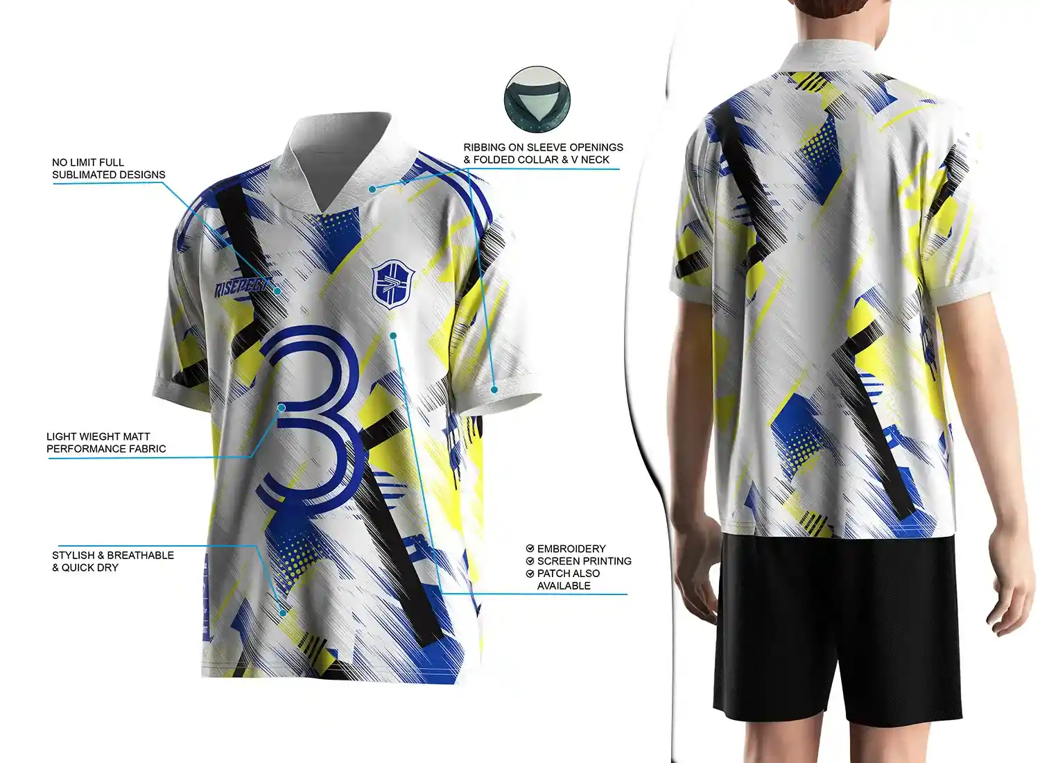 Retro soccer jersey with a fold-over ribbed V-neck design shown on the left with feature highlights, and a male model wearing the jersey from the back view on the right.