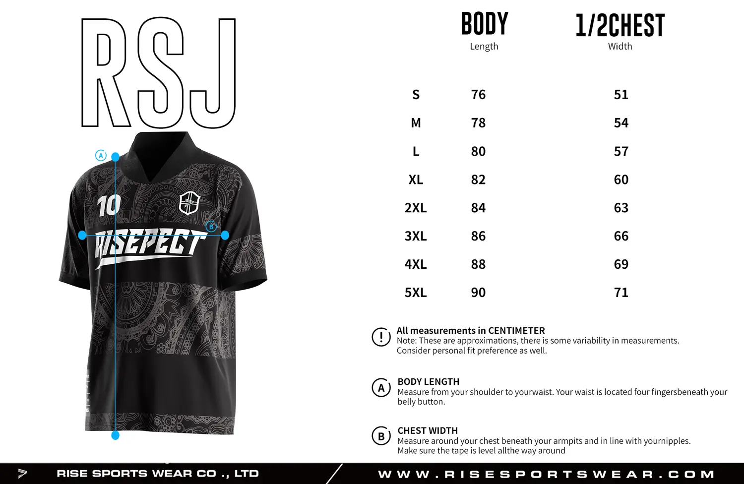 Adult size chart for the retro soccer shirt style jersey with foldable & ribbed V collar, displaying garment length and half-chest width measurements.