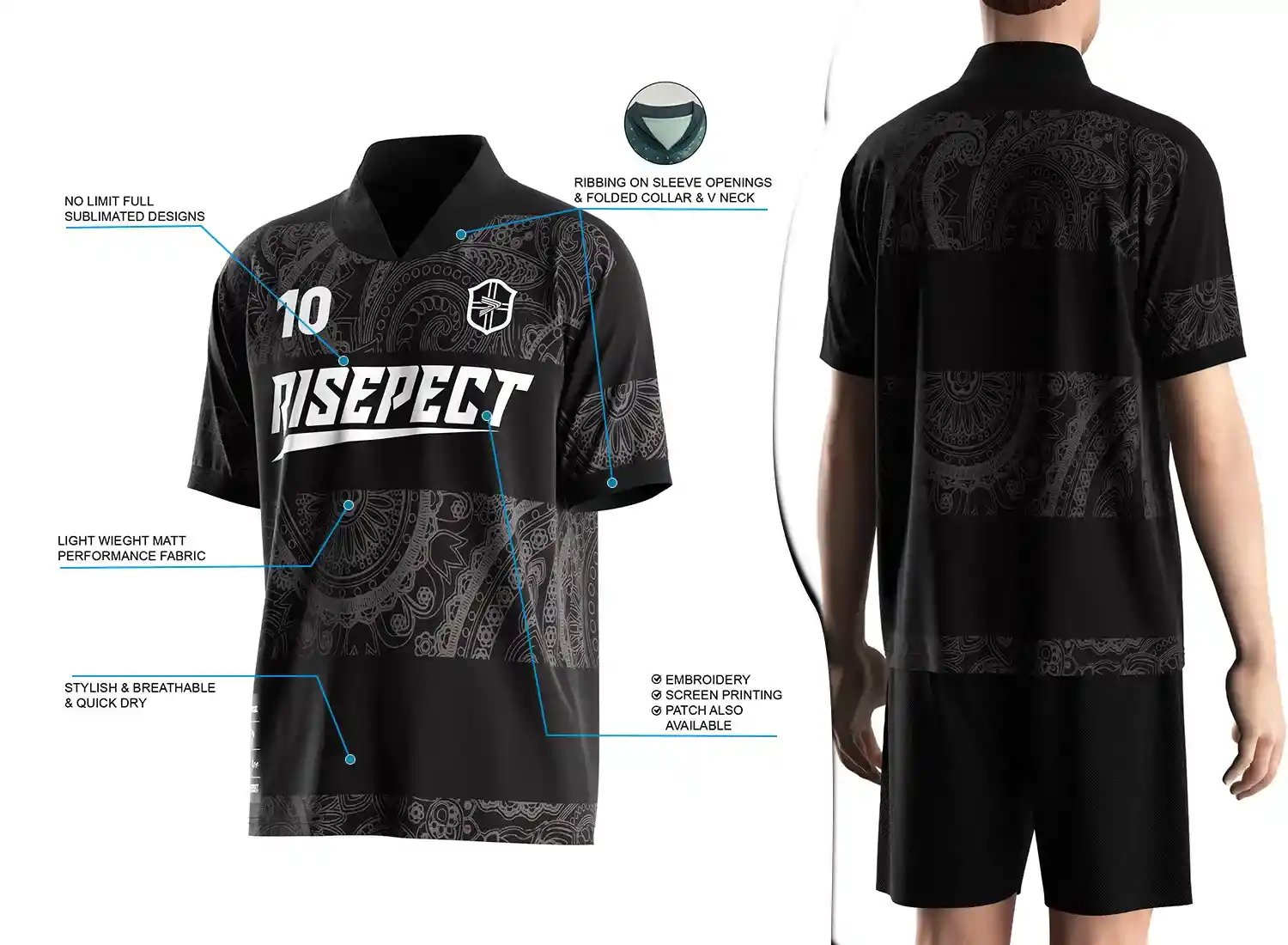 Retro soccer jersey with a fold-over ribbed V-neck design shown on the left with feature highlights, and a male model wearing the jersey from the back view on the right.