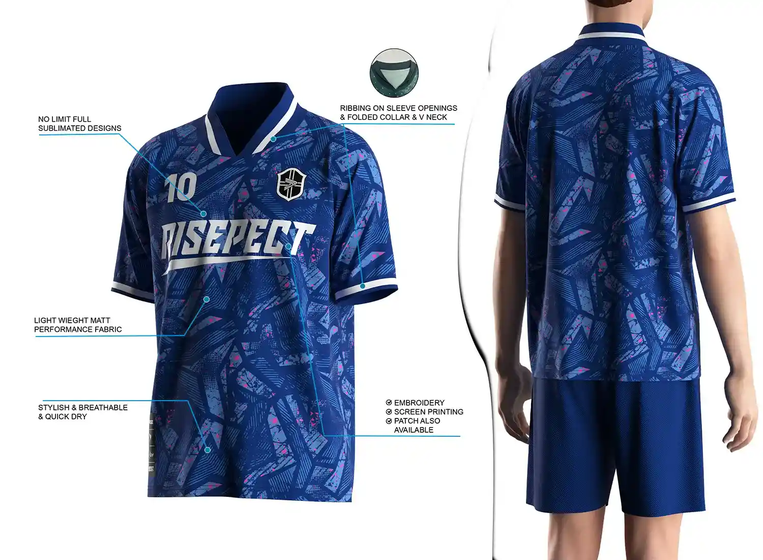 Retro soccer jersey with a fold-over ribbed V-neck design shown on the left with feature highlights, and a male model wearing the jersey from the back view on the right.