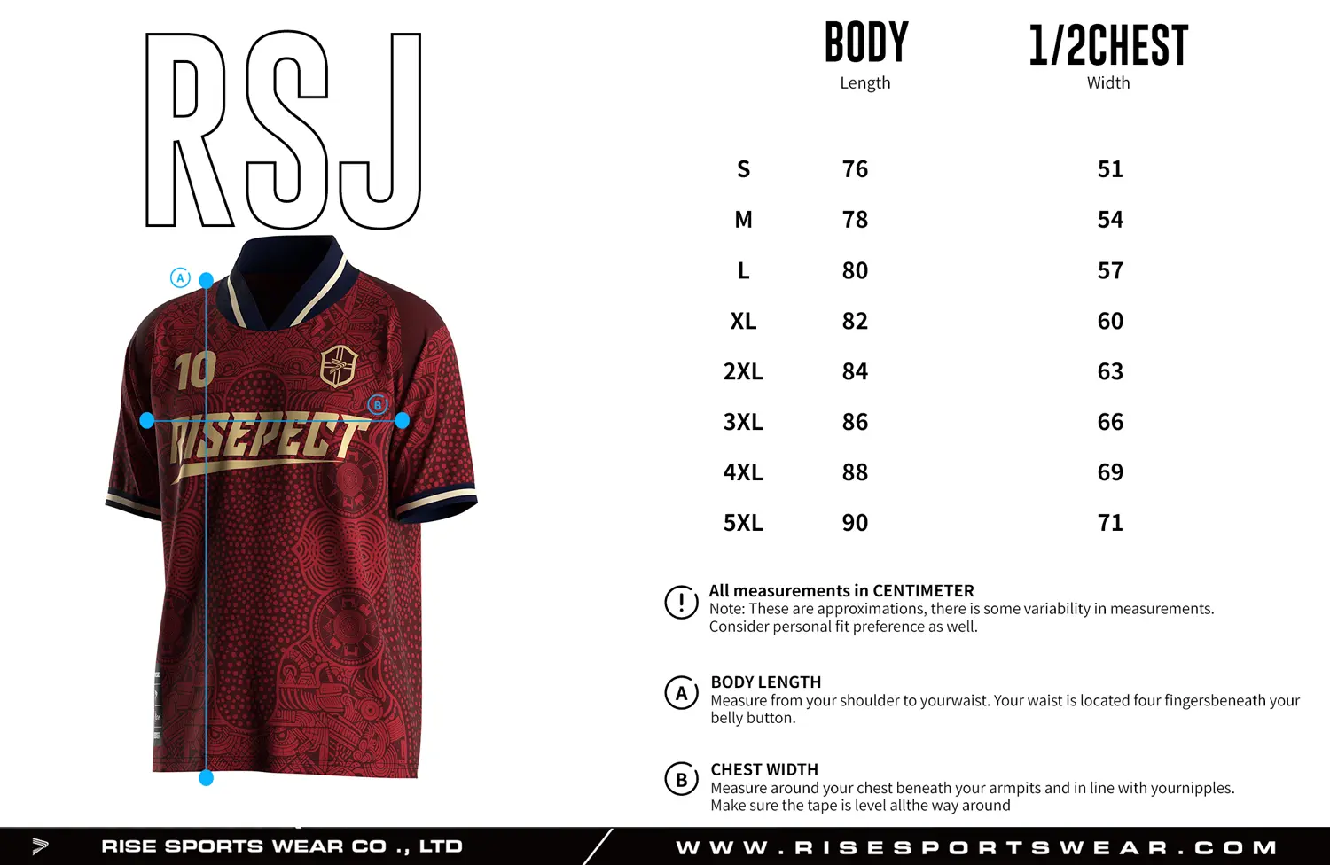 Adult size chart for the retro soccer shirt style jersey with foldable & ribbed V collar, displaying garment length and half-chest width measurements.