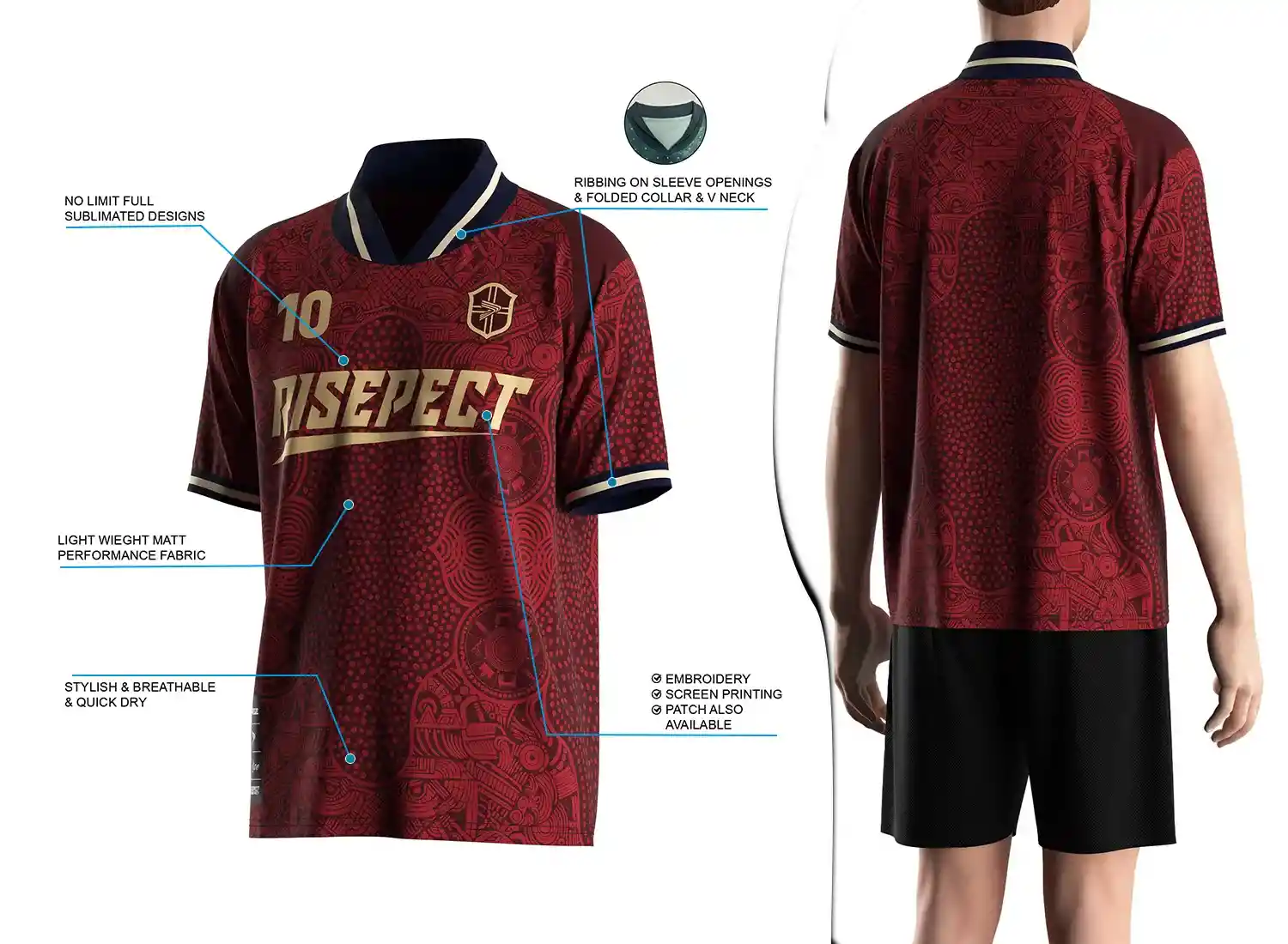 Retro soccer jersey with a fold-over ribbed V-neck design shown on the left with feature highlights, and a male model wearing the jersey from the back view on the right.