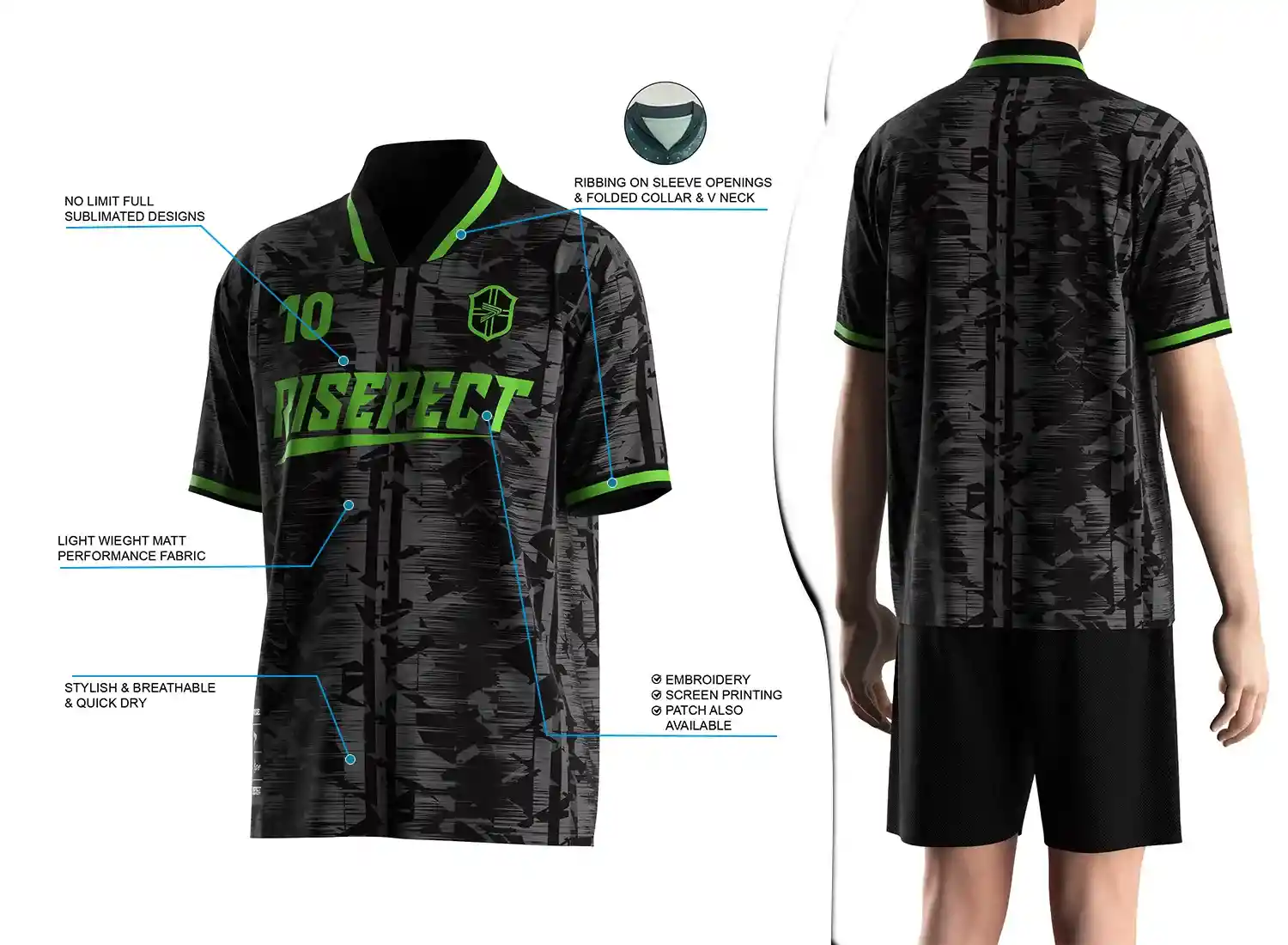 Retro soccer jersey with a fold-over ribbed V-neck design shown on the left with feature highlights, and a male model wearing the jersey from the back view on the right.