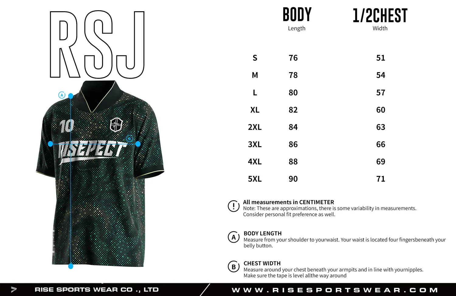 Adult size chart for the retro soccer shirt style jersey with foldable & ribbed V collar, displaying garment length and half-chest width measurements.