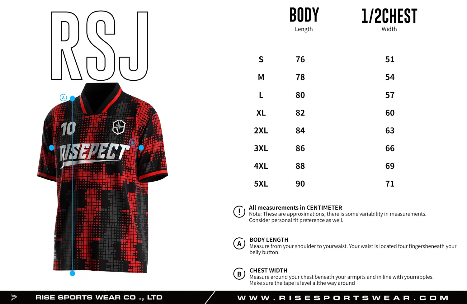 Adult size chart for the retro soccer shirt style jersey with foldable & ribbed V collar, displaying garment length and half-chest width measurements.