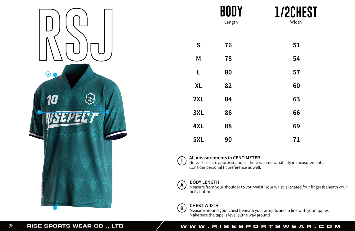 Adult size chart for the retro soccer shirt style jersey with foldable & ribbed V collar, displaying garment length and half-chest width measurements.