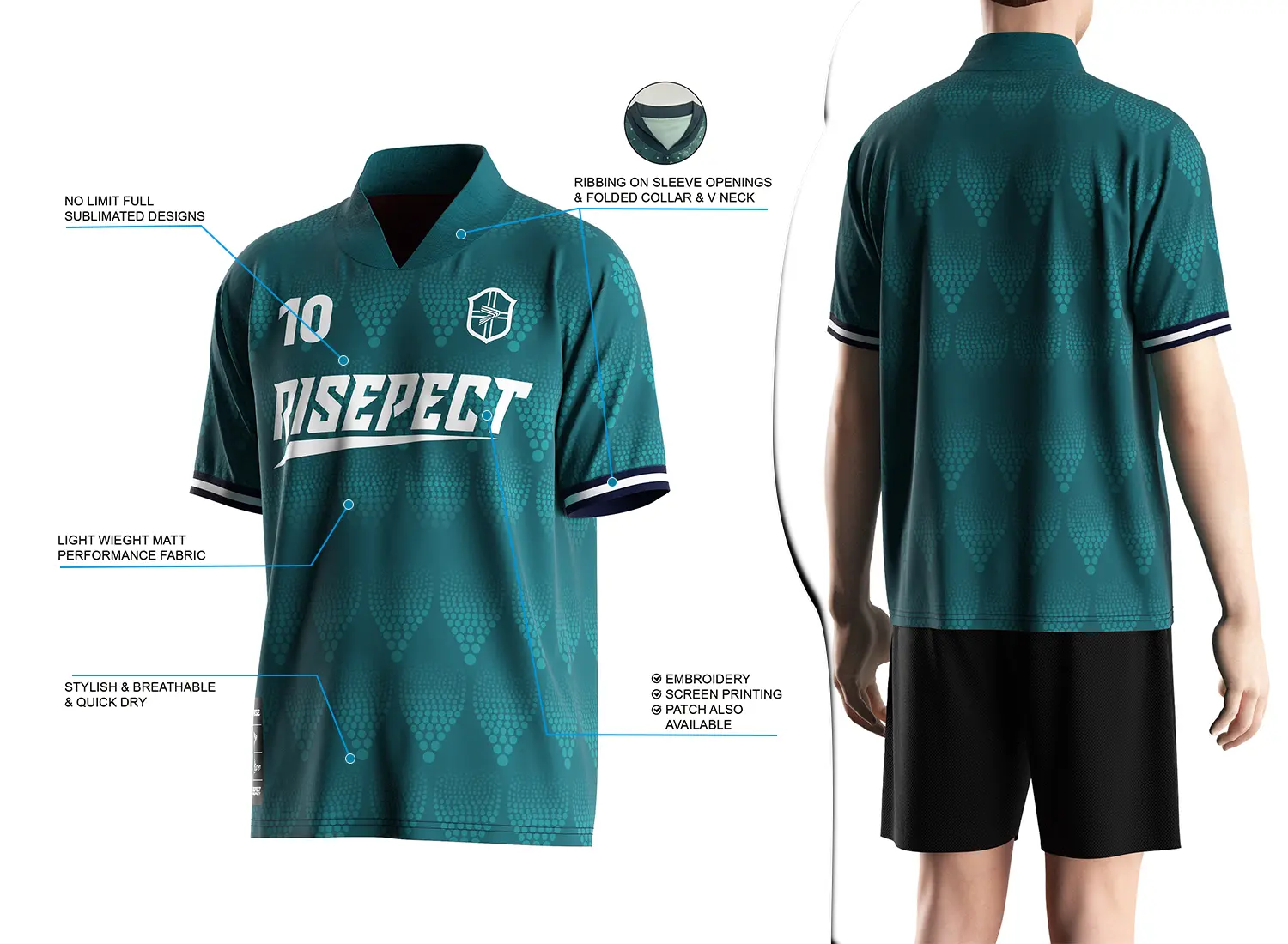 Retro soccer jersey with a fold-over ribbed V-neck design shown on the left with feature highlights, and a male model wearing the jersey from the back view on the right.