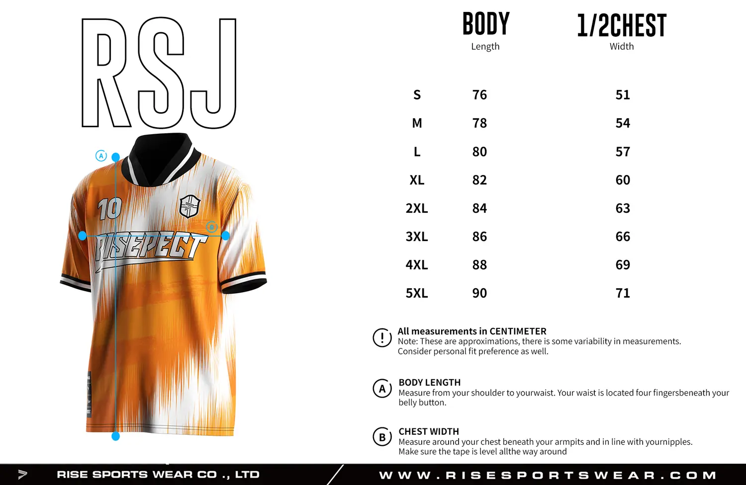 Adult size chart for the retro soccer shirt style jersey with foldable & ribbed V collar, displaying garment length and half-chest width measurements.