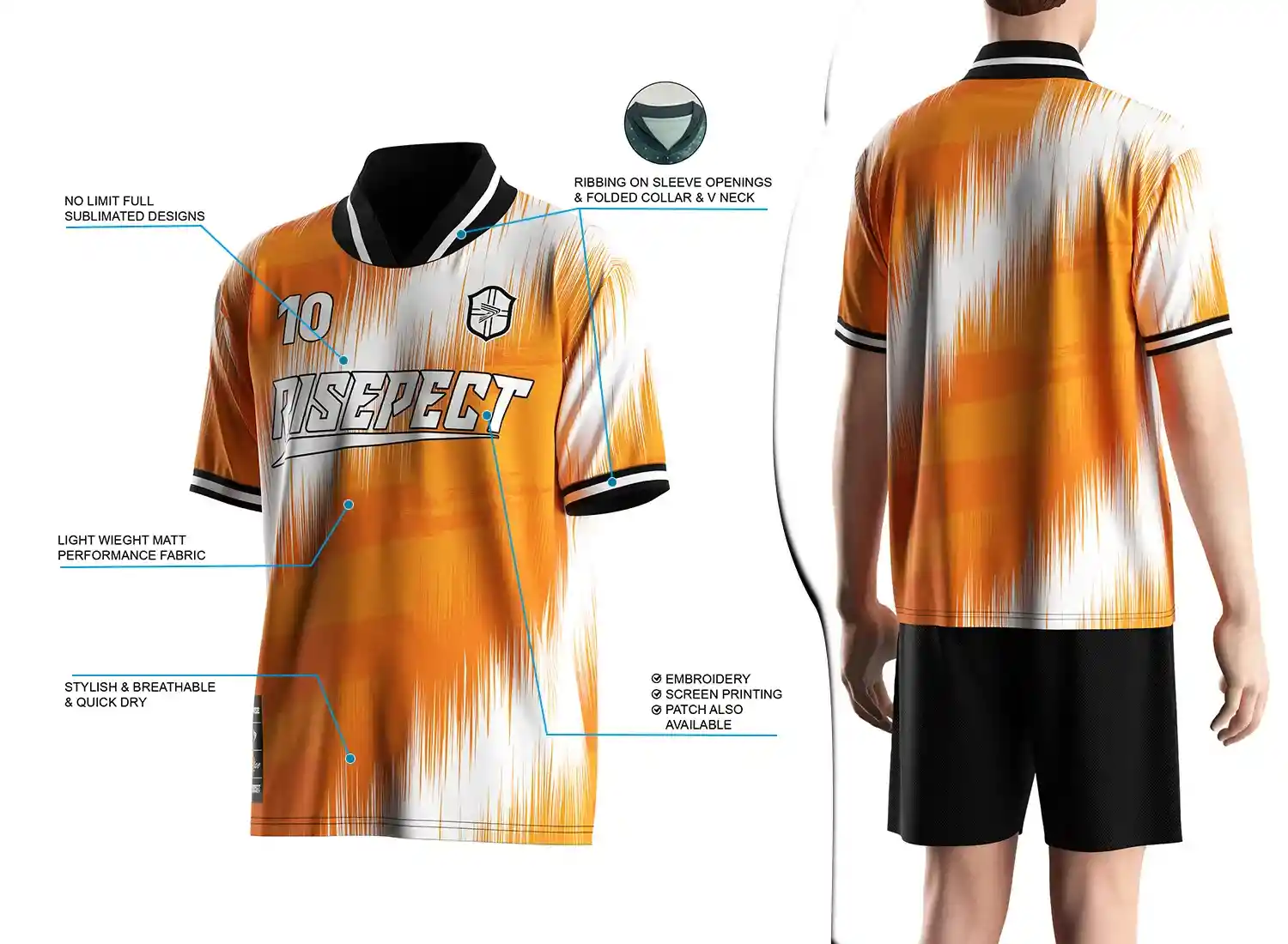 Retro soccer jersey with a fold-over ribbed V-neck design shown on the left with feature highlights, and a male model wearing the jersey from the back view on the right.