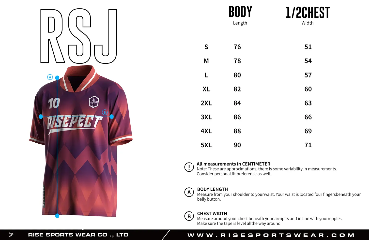 Adult size chart for the retro soccer shirt style jersey with foldable & ribbed V collar, displaying garment length and half-chest width measurements.