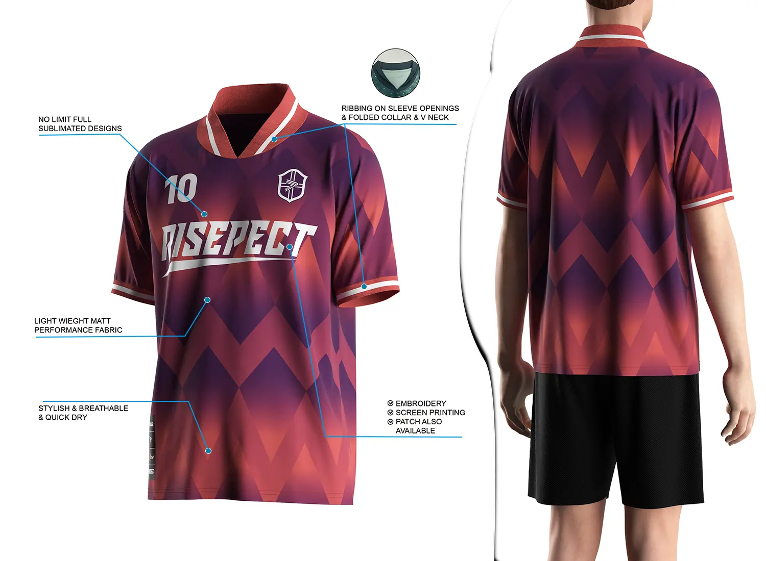 Retro soccer jersey with a fold-over ribbed V-neck design shown on the left with feature highlights, and a male model wearing the jersey from the back view on the right.