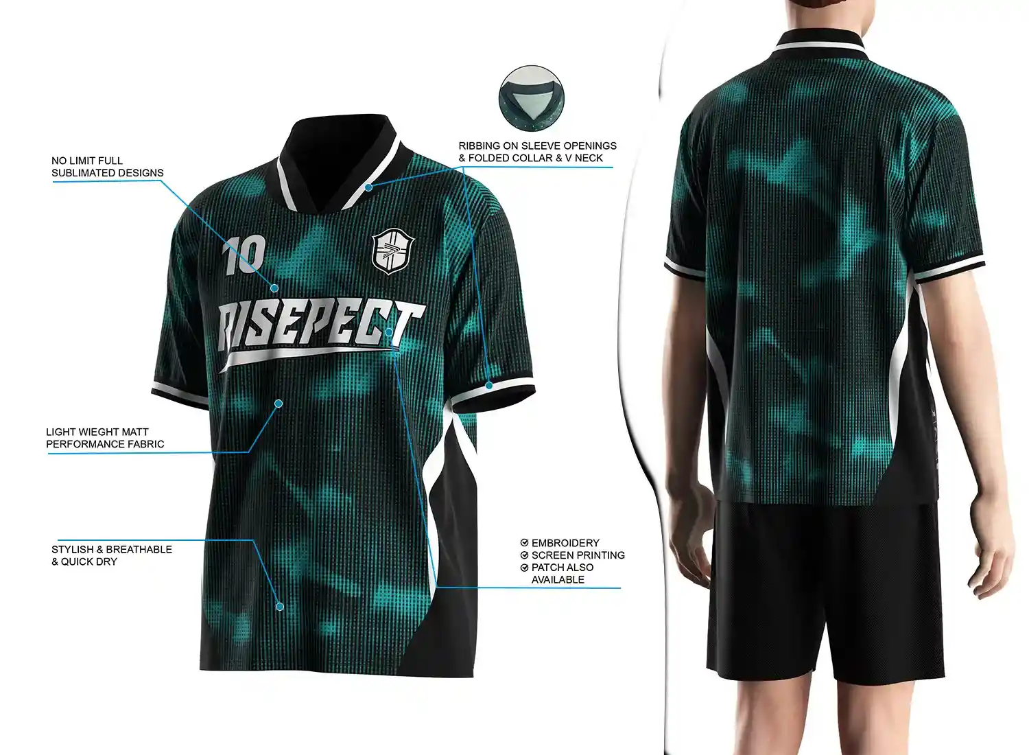 Retro soccer jersey with a fold-over ribbed V-neck design shown on the left with feature highlights, and a male model wearing the jersey from the back view on the right.