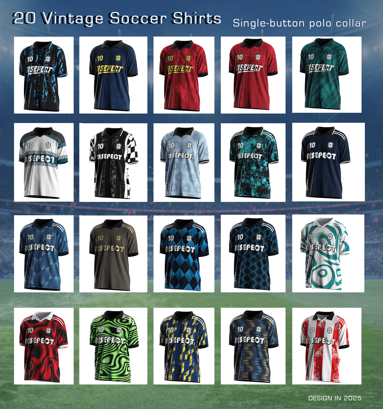 Collection of 20 different color and graphic variations of the vintage soccer jersey, featuring a single-button ribbed polo collar.