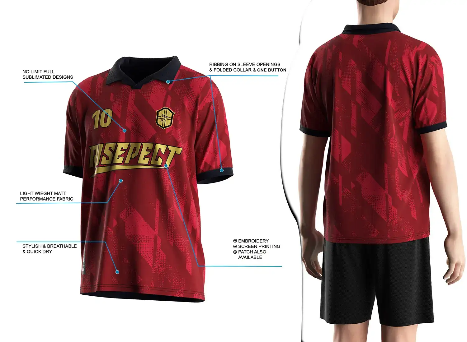 Vintage soccer jersey with a single-button ribbed polo collar design shown on the left with feature highlights, and a male model wearing the jersey from the back view on the right.