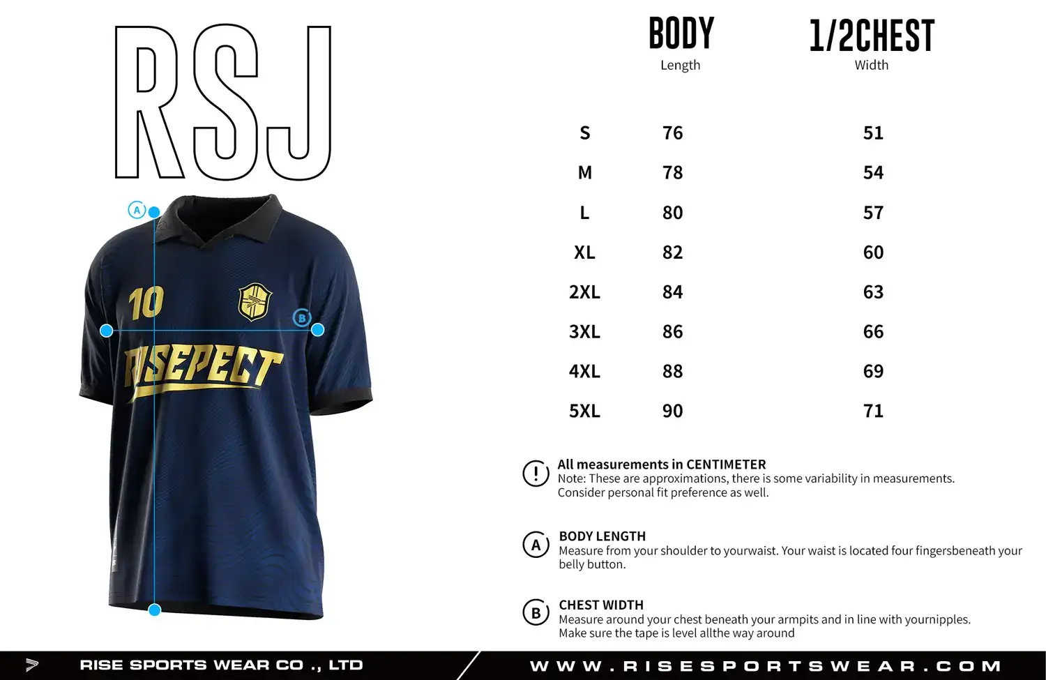 Adult size chart for the vintage soccer shirt style jersey with single-button & polo ribbed collar, displaying garment length and half-chest width measurements.
